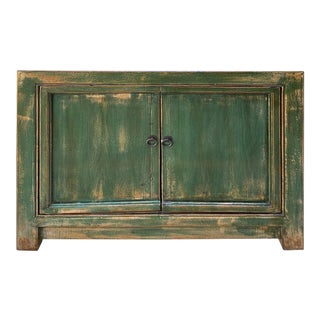 Oriental Distressed Semi Gloss Teal Green Credenza Sideboard Table Cabinet For Sale