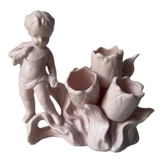 Vintage i.w. Rice & Co. Porcelain Lipstick Holder From Japan, Featuring a Cherub and Flowers. For Sale
