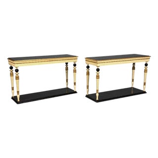 Maison Jansen Attr, Neoclassical Style Console Tables, Carved Wood, Black Marble For Sale
