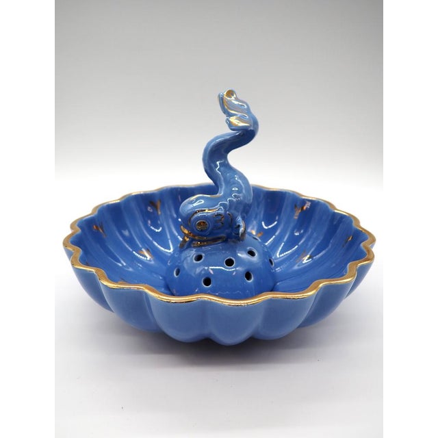 Art Deco Sapphire Glazed Flower Bowl with Fish by Arthur Percy for Upsala Ekeby Gefle, 1930s, Set of 2 For Sale - Image 4 of 15