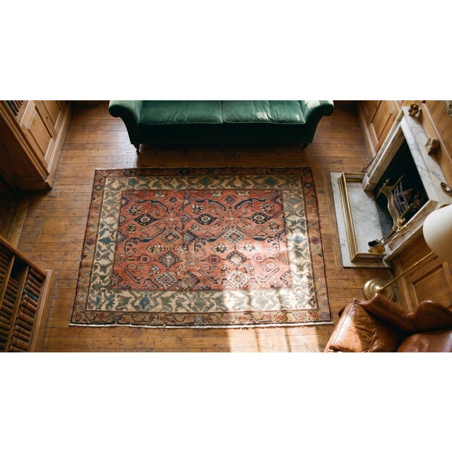 1850s Pink Rose Medallion Antique Persian Serab Rug 4'0" X 5'0" Knotted Wool Carpet For Sale In New York - Image 6 of 7