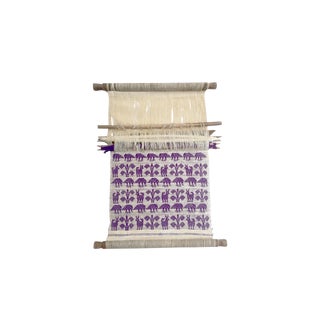 Vintage Wood Hand Loom With Purple and Off White Color Animal and Plant Woven Textile For Sale