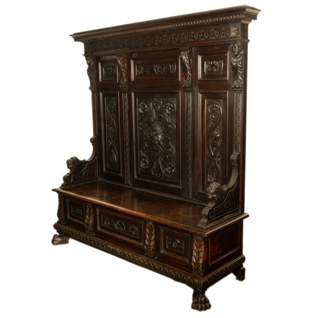 Traditional Antique 19th Century Italian Renaissance Revival Carved Hall Bench Storage Settle 1880 For Sale - Image 3 of 15