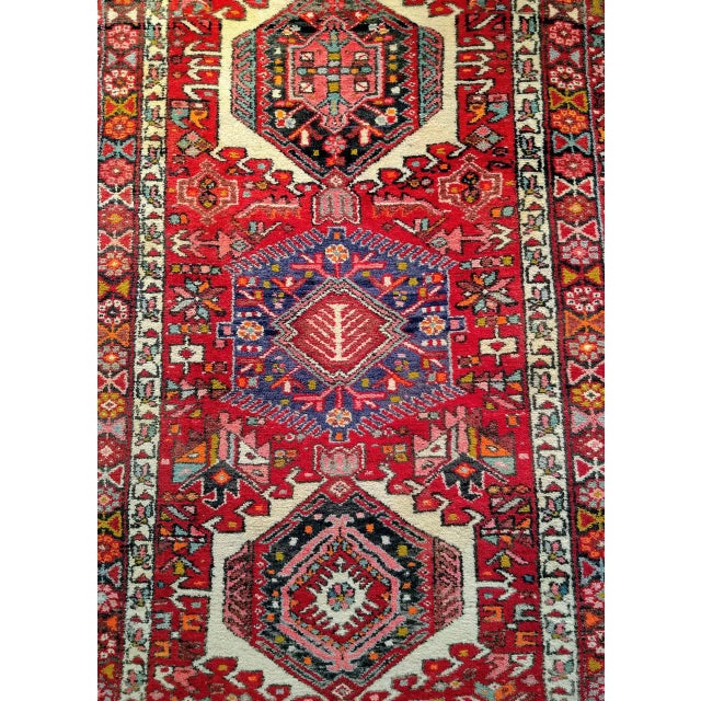 Antique Persian Heriz Karajeh Runner, Hand-Knotted Wool, Geometric Medallion Pattern, Red & Navy, 4x14 For Sale - Image 12 of 18