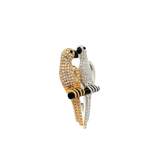 Diamond Onyx 18k Gold Two-Tone Lovebirds Pendant-Brooch For Sale - Image 4 of 6