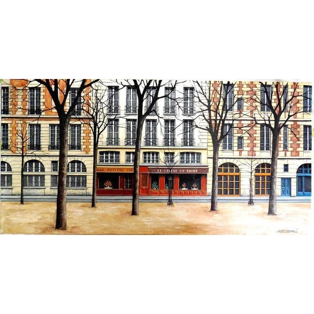 Oil on Canvas or a Parisian Street Scene with charming shops and a park. signed lower right and verso. Ange Mozziconacci...
