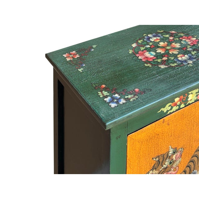 Wood Tibetan Style Green Orange Two Tigers End Table Nightstand For Sale - Image 7 of 8