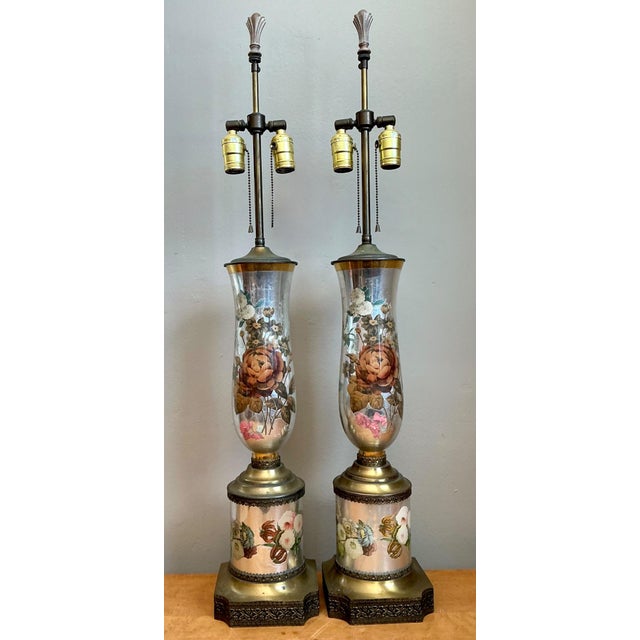 This exquisite pair of vintage Italian table lamps showcases the rare and delicate art of verre églomisé, featuring...