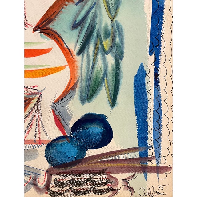 MCM painting on paper by artist Robert Colborne (1931-2002) of New York. Signed an dated lower right, estate stamp on the...