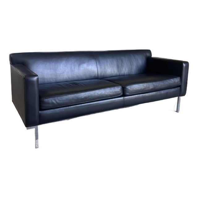 Black Leather and Chrome Theatre Sofa by DWR For Sale