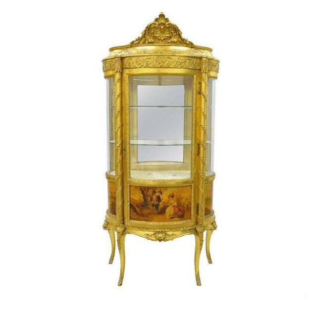 French Louis Xv Gold Gilt Wood Vernis Martin Curved Glass Vitrine