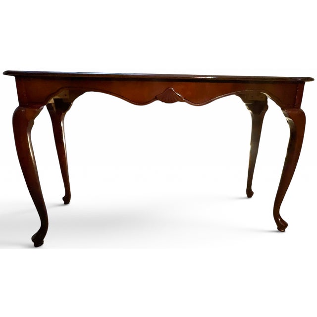 Late 20th Century Queen Anne Style Carved Shell Inlaid Banded Mahogany Console Sofa Table With Pad Feet For Sale - Image 15 of 18