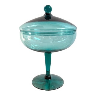 Mid 20th Century Italian Teal Glass Apothecary Pedestal Candy Dish For Sale