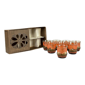 Mid-Century Boho Orange Coral Smoked Glass Juice Glasses - Set of 8