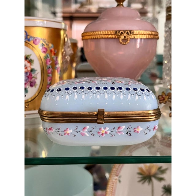 Sky Blue Beautiful antique pale blue opaline glass box // Napoleon III era // 1850-1870 // hand-enameled boule de savon hinged box // collectible For Sale - Image 8 of 15