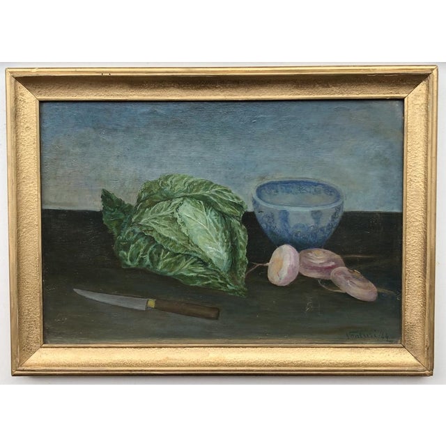 Luigi Venturi, Nature morte au navets et choux, 1958, Oil on Wood, Framed, in Flawless conditions. Designed 1950 to 1959...
