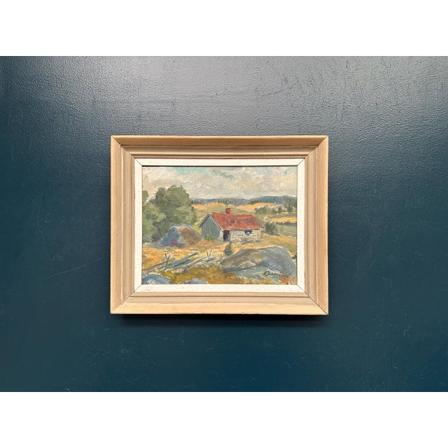 Original swedish oil on hardboard – “landscape” by e. Johansson – signed – vintage & framed – 45 × 37 cm (17.7" × 14.6")...