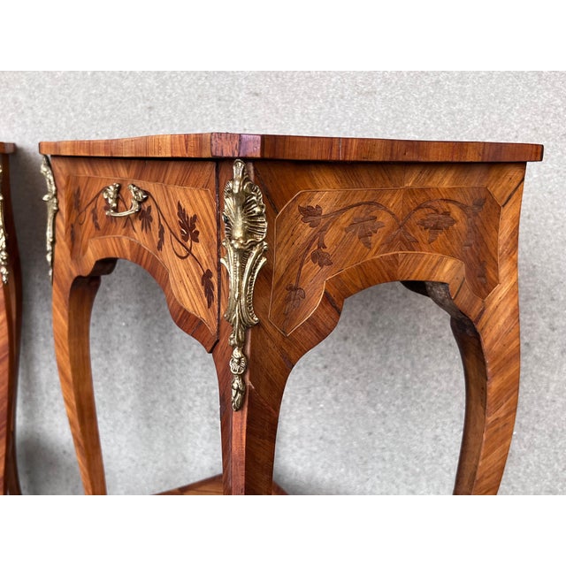 Early 20th Century 18th Century Style French Louis XV Marquetry Side Table or Nightstands, a Pair For Sale - Image 5 of 18