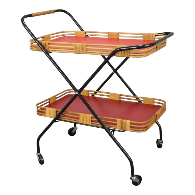 Mid-Century Czechoslovak Folding Bamboo Serving Trolley, 1960s For Sale