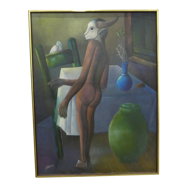 1960s Vintage Surrealist Half Goat Half Human Haitian Painting For Sale