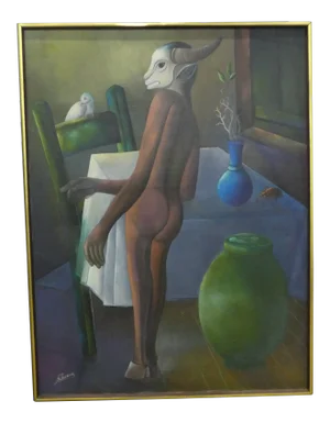 1960s Vintage Surrealist Half Goat Half Human Haitian Painting