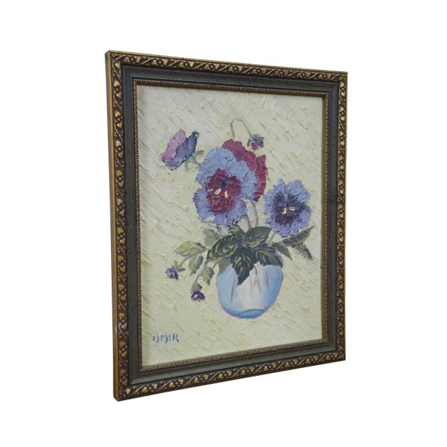 Vintage 20th century Helen McRae oil on board semi-impressionist still life painting depicting a small glass vase of...