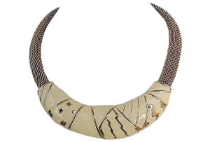 Vintage 1980s Signed Monet Modernist Goldtone & White Enamel Collar Necklace