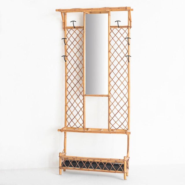 Vintage Hall Coat Rack with Mirror in Cane and Metal, 1960s For Sale - Image 11 of 11