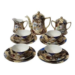 Early 20th Century Pre-War Japanese Hand-Painted Satsuma Tea Service for Four- 15 Pieces