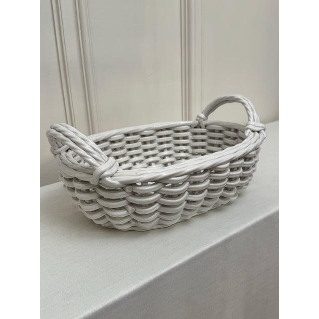 French Shabby Chic Woven Wicker White Glazed Earthenware Basket For Sale - Image 4 of 11