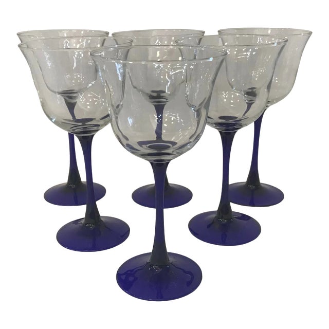 Vintage Blue Stem Crystal Wine Glasses - Set of 6 For Sale