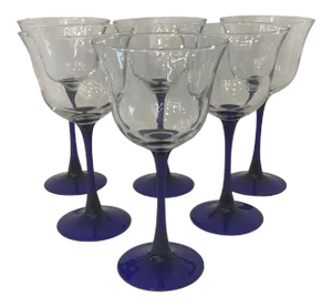 Vintage Blue Stem Crystal Wine Glasses - Set of 6