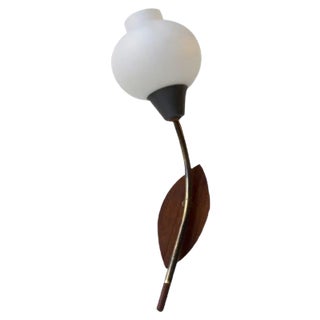 Italian Modernist Tulip Sconce in Brass, Teak and Opal Glass, 1950s For Sale