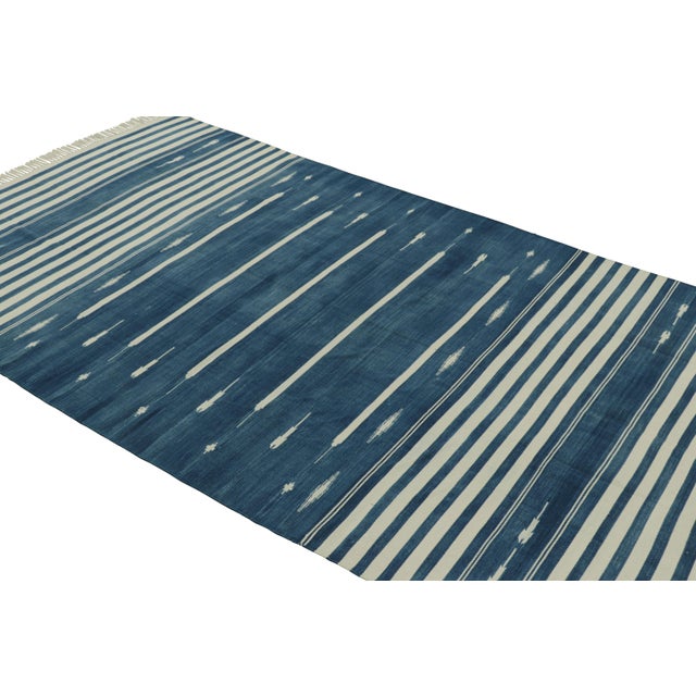 Rug & Kilim Rug & Kilim's Modern Dhurrie Rug in Blue with White Stripes & Geometric Patterns - 5x7 For Sale - Image 4 of 8