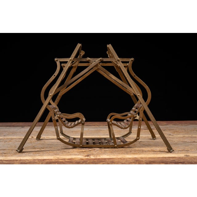 Antique Brass and Wood Folding Four-Passenger Lawn Glider Swing Salesman Sample For Sale - Image 4 of 13