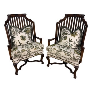 1980s Pair of Hand Carved High Back Slatted Chairs From Baker Furniture For Sale