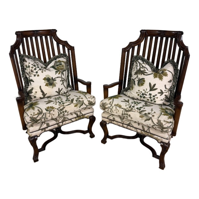 1980s Pair of Hand Carved High Back Slatted Chairs From Baker Furniture For Sale