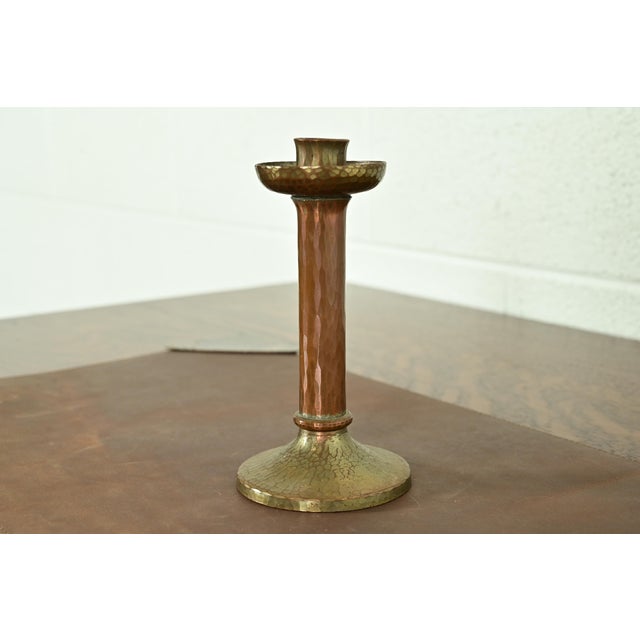 Art Deco Roycroft Arts & Crafts Brass Finished Hammered Copper Candlestick For Sale - Image 3 of 14