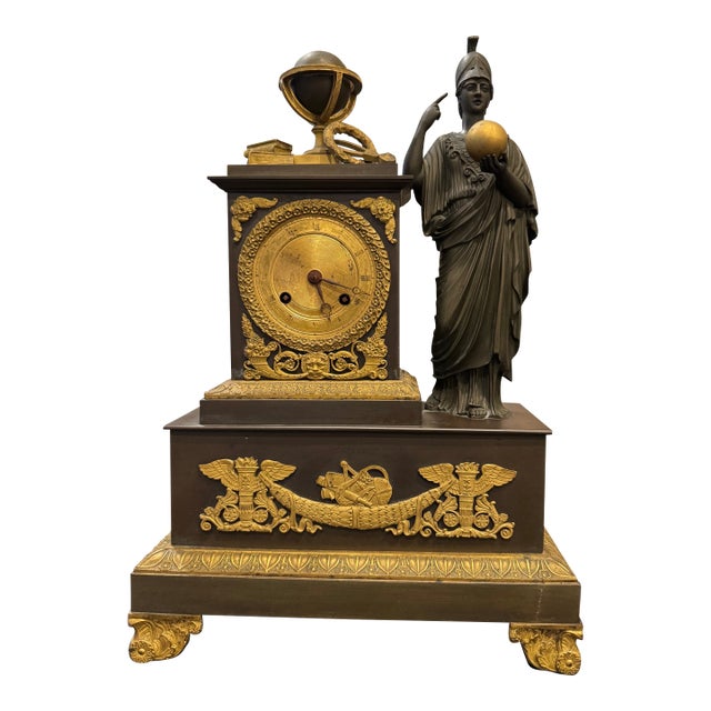 French Restoration Athena (Minerva) Patinated & Fire-Gilt Bronze Mantel Clock by Louis Alfred Baveux For Sale