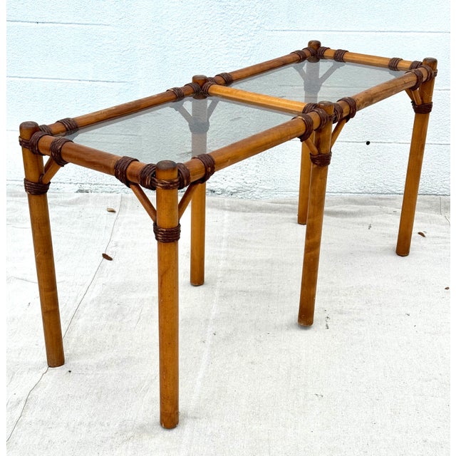Mid-Century French Bamboo Rattan Glass Top Console or Sofa Table with leather bindings In the style of a McGuire table...