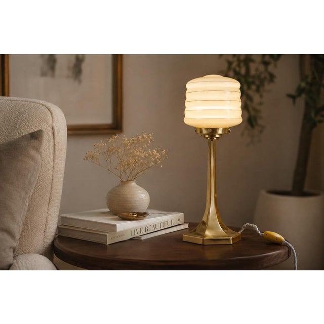 Josef Hoffmann Style Brass Table Lamp, Opaline Glass Shade, Wiener Werkstätte Inspired, Austria / Europe, 1990s For Sale - Image 3 of 13