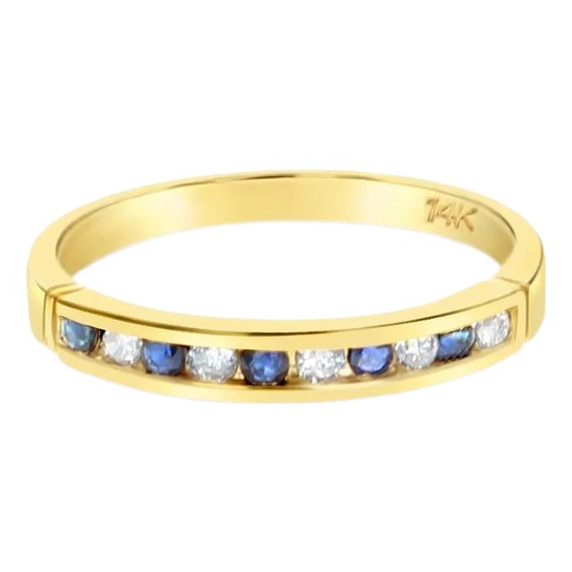 Sapphire Diamond Wedding Band 14k Yellow Gold, Size 7 For Sale