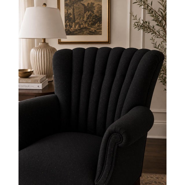 Mid-Century Modern 1940s Sculptural Channel-Back Lounge Chair in Black Textured Upholstery For Sale - Image 3 of 4