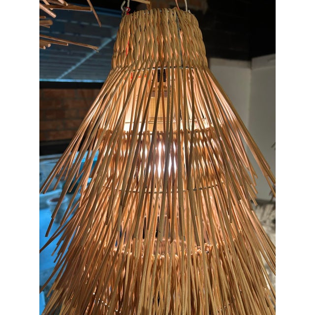 Tan Pair of Conical Shaped French Rattan Pendant Lights For Sale - Image 8 of 13