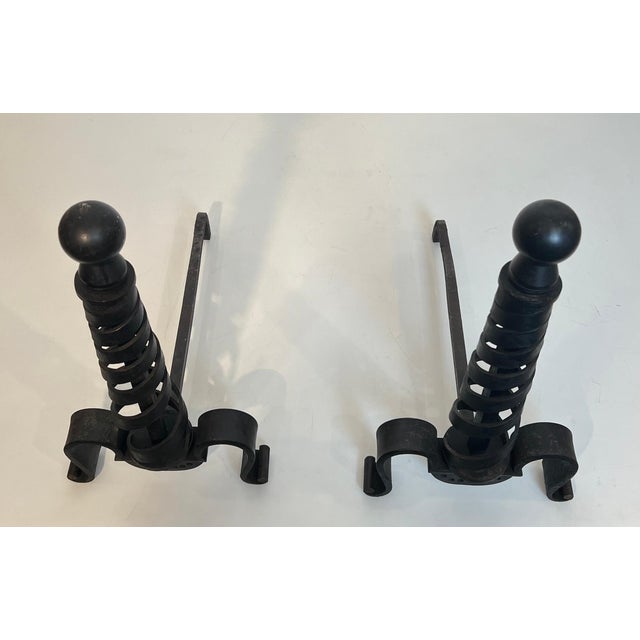 1940s Pair of modernist cast iron andirons. Raymond Subes. For Sale - Image 5 of 12