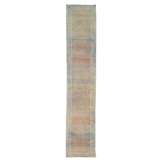 1920s Antique Malayer Blue Long Wool Runner With Allover Design For Sale