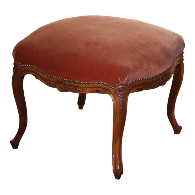 Title: Early 20th Century French Louis XV Walnut Stool With Velvet Seat For Sale