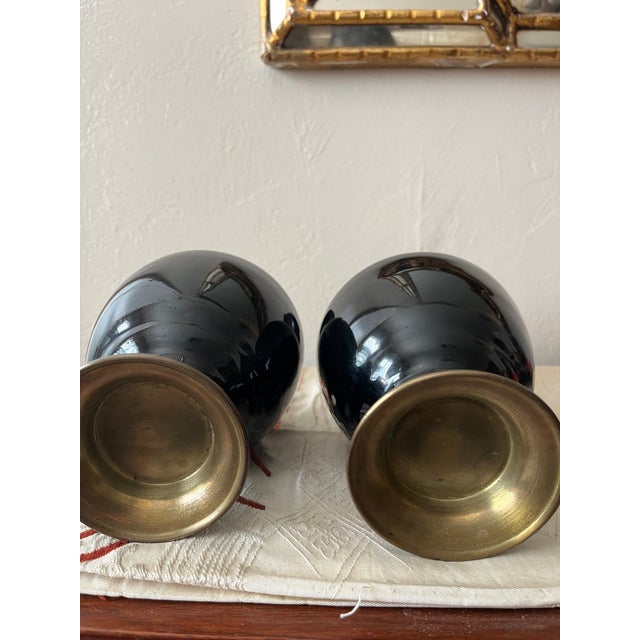 Shell Pair of Vintage 9" Korean Black Enamel Brass Vases, Mother of Pearl Inlay For Sale - Image 7 of 7