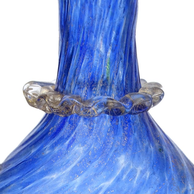 Glass Antique Venetian Murano Sapphire Blue Gold Leaf Handles Italian Art Glass Ruffle Rim Footed Flower Vase For Sale - Image 7 of 9