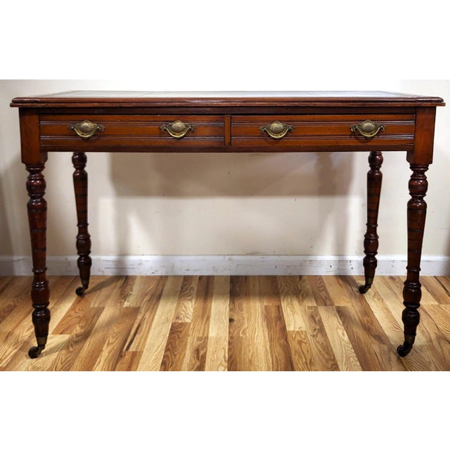 19th C English Victorian Carved & Gilt Tooled Leather Top Library Table Desk For Sale - Image 13 of 17